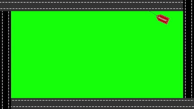 Road borders frame a vibrant green screen area with a small red price tag dangling in the corner.