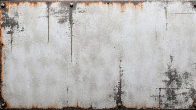 Aged white metal sheet background with rust stains and rivets