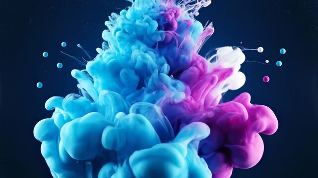 Abstract colorful ink dissolving in water, blue and purple clouds, dynamic fluid motion, deep blue background with particles