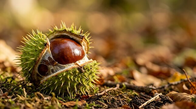 A single, glossy brown conker sits nestled within its spiky green husk, resting on the forest floor amongst fallen autumn leaves