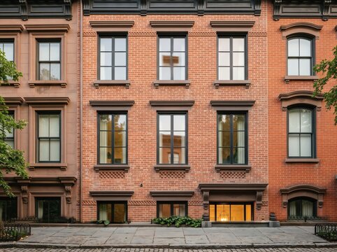 Close front view of brick townhouse facade with basement window