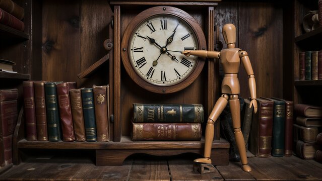 Wooden clock and figure amidst vintage books in a cozy, bookshelf-lined room.