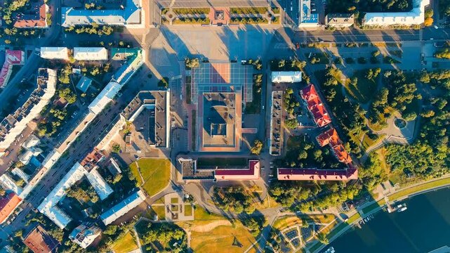 Oryol, Russia. Government of the Oryol region. Lenin Square. History center. View of the city from the air. Drone footage, HEAD OVER SHOT