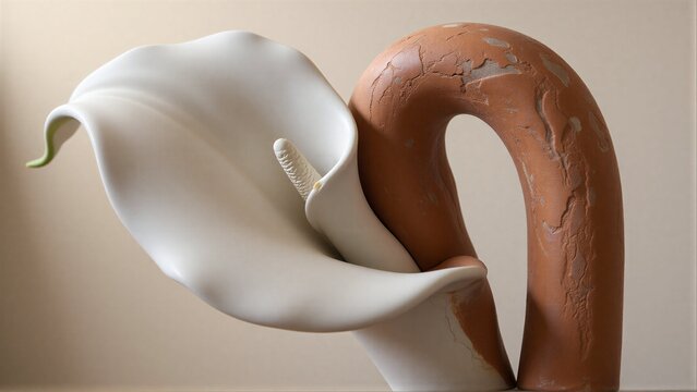 White calla lily sculpture beside weathered terracotta figure, elegant contrast.