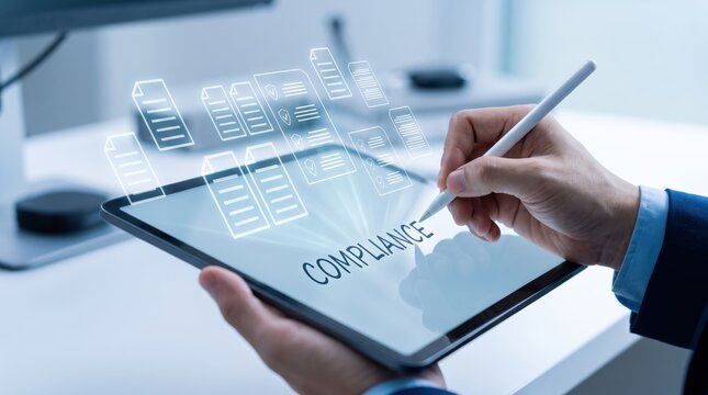 Businessman using digital tablet for compliance audit, holographic documents and legal files floating above screen, corporate governance and regulatory adherence in modern office.