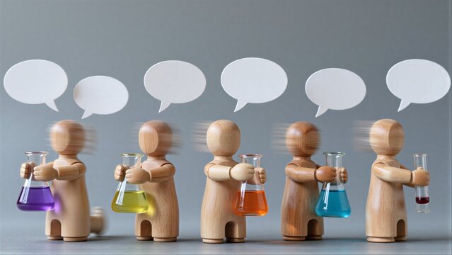 Five wooden figures hold colorful beakers, each with a speech bubble above.