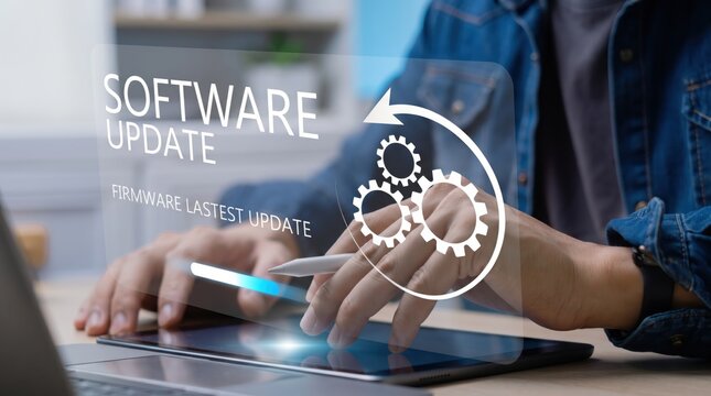 Software update and firmware installation, hands using stylus on tablet screen, gears icon representing system upgrade, latest version download, technology maintenance and digital