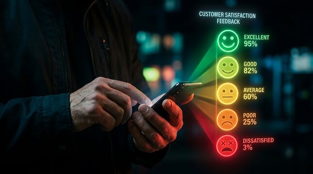Close-up of person using smartphone with digital customer satisfaction feedback rating scale overlay