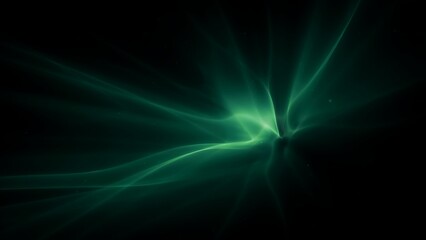 Emerald green light rays on black background. Abstract glowing smoke waves. Ethereal neon energy trails for cinematic backdrop.