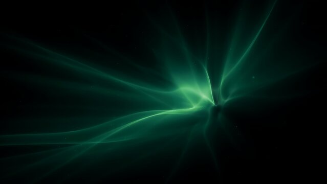 Emerald green light rays on black background. Abstract glowing smoke waves. Ethereal neon energy trails for cinematic backdrop.