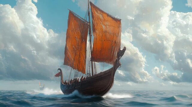A wooden sailing ship with vibrant orange sails is on the water under a cloudy blue sky