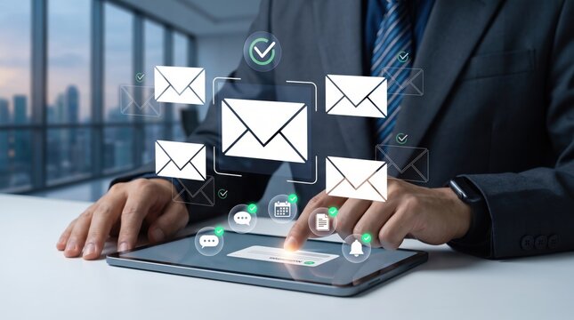 Close up of businessman hands using tablet computer with floating email envelopes and checkmarks symbolizing successful digital marketing campaign, newsletter distribution