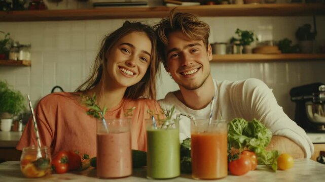 Young couple smiles beside colorful smoothies. Fresh vegetables sit beside drinks on a countertop. Kitchen shelves hold potted plants and kitchenware. Natural light bathes the warm, cozy scene