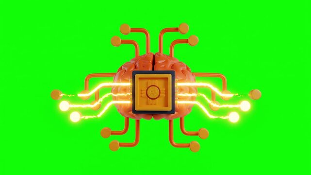 AI processor chip with glowing circuit board connections, technology concept on vivid green background
