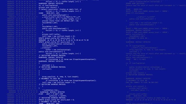 Computer Source Code Scrolling on Blue Background with Red Glitch Highlights and Data Stream Terminal