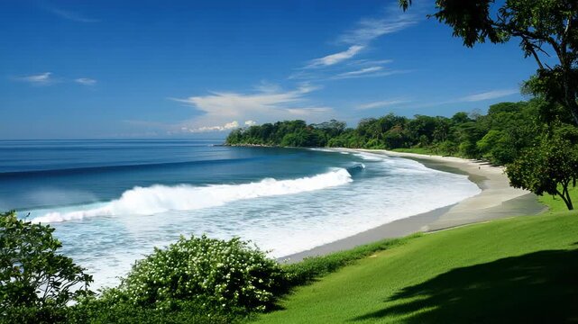 A serene tropical beach showcases azure waves crashing on the shore next to emerald green vegetation