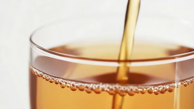 Golden liquid pours into a clear glass. Bubbles form gently at the surface. Soft focus highlights the drink's movement. Bright background enhances the liquid's color