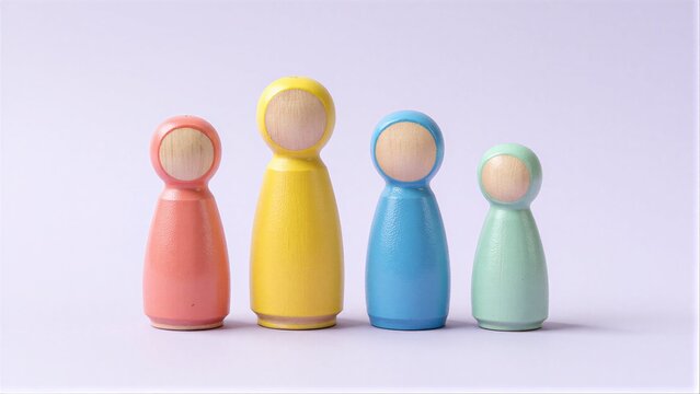 Four colorful wooden peg people stand in a row against a plain white background.
