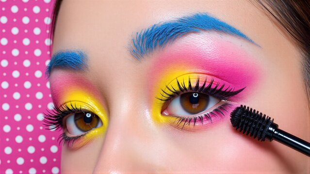 Vibrant eyeshadow, blue brows, mascara applied against pink polka-dot backdrop.