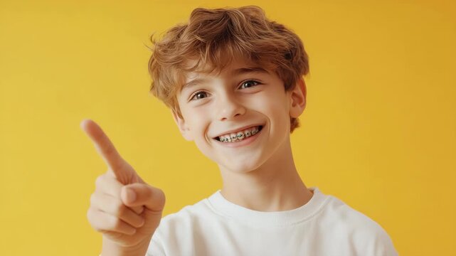 Young boy smiles, pointing upward with one finger. He wears braces and a plain white tee. Bright yellow background highlights his cheerful expression. His curly hair frames his happy, engaging face