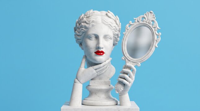 Surreal marble bust sculpture with vibrant red lips holding ornate hand mirror against solid blue, classical art meets modern pop aesthetic, self-reflection, beauty standards