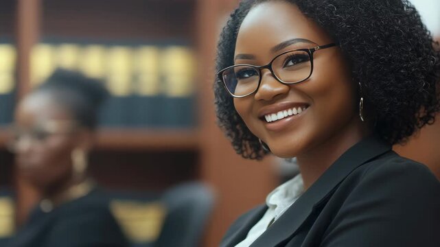 A woman wearing glasses and a dark suit smiles while sitting in a law office.