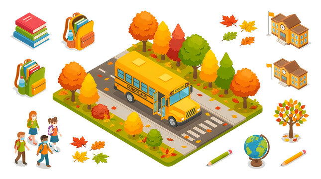 Isometric school bus with students and school supplies isolated on transparent background set