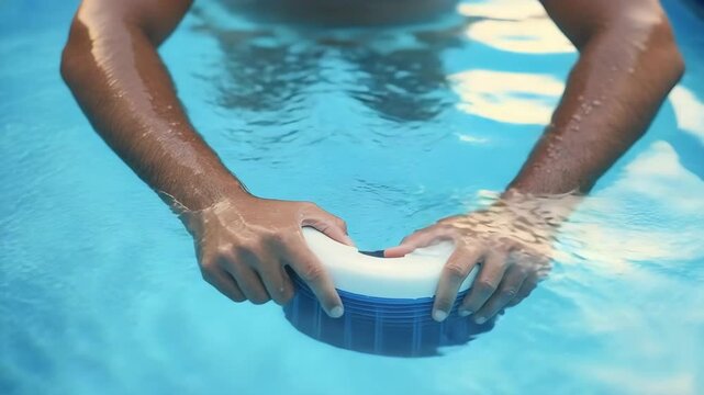 A person in water preparing for swimming using fins.