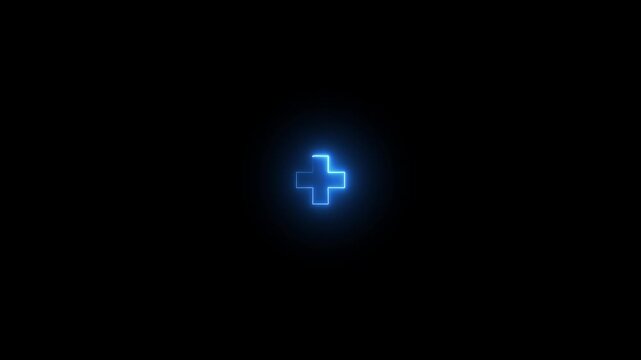Neon Plus Symbol, broken electric font mockup stock video.Glowing neon blue plus sign isolated on black background.Abstract neon medical cross icon animation, neon plus sign icon, medical check up