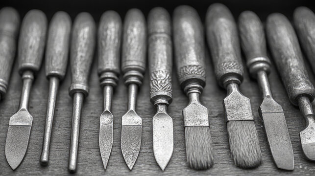 Collection of vintage woodworking chisels and carving tools arranged in a row on a wooden surface, close-up, black and white.