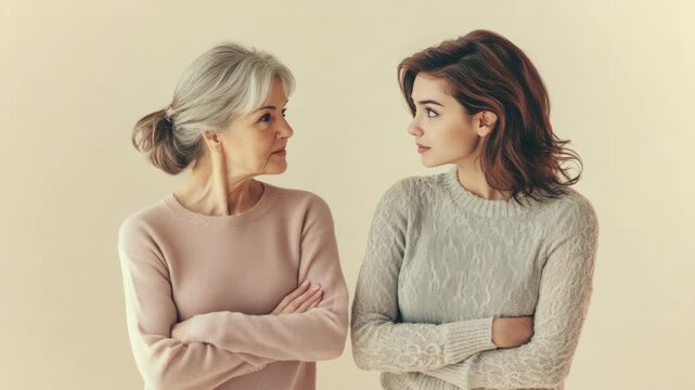 Two women face each other with crossed arms. They appear to be in a serious conversation. Soft lighting highlights their expressions and gestures. The background is plain and neutral-toned