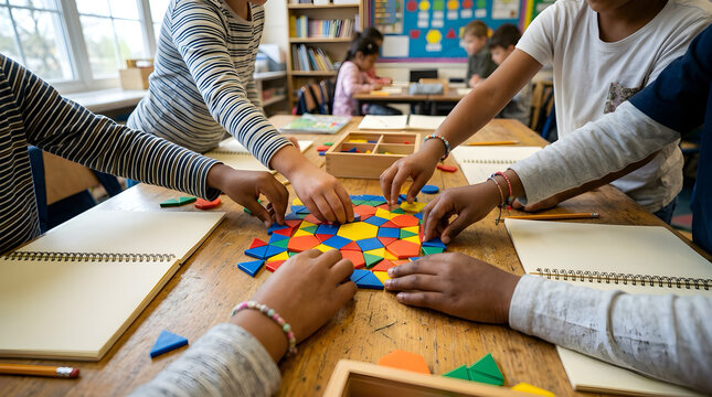 Diverse children working together on colorful puzzle game in classroom workshop with children classroom education learning teamwork workshop colorful students cooperation