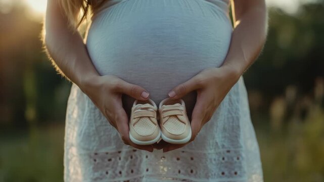 A pregnant woman holds a pair of baby shoes in her hands, showcasing the soles.