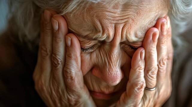 Elderly woman with head resting on hand in sadness or despair.