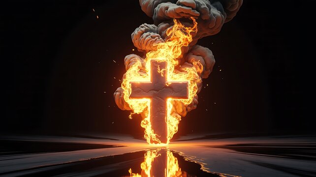 Glowing Christian cross surrounded by flames representing faith and spirituality
