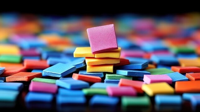 Colorful Square Tiles Stacked and Scattered, Bokeh Background - Playful Abstract Concept