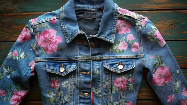 Fashionable floral denim jacket with pink blossoms, close-up on rustic wooden table background, stylish outerwear detail.