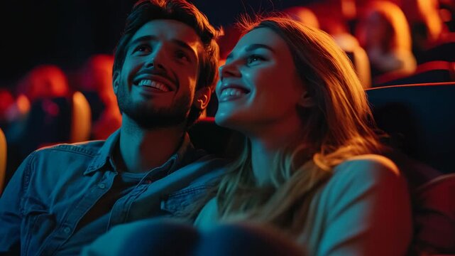 Two people enjoying a movie in a dark theater with red lights on. They are close and smiling, one is leaning on the other.