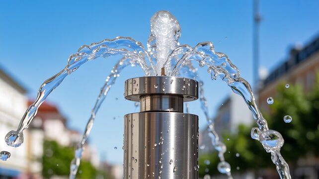 Decorative outdoor water fountain with clear streams flowing in sunlight
