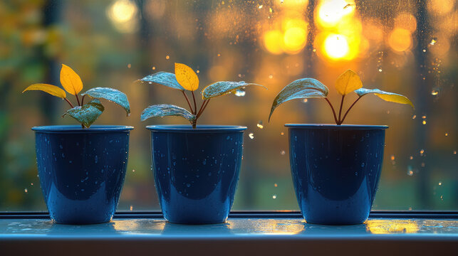 Three small plants in dark pots on a windowsill, wet with raindrops, with a blurred autumn forest and sunset in the background.