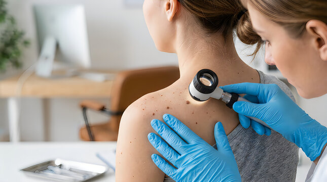 Dermatologist examining skin mole with professional dermatoscope on patient back during medical visit.