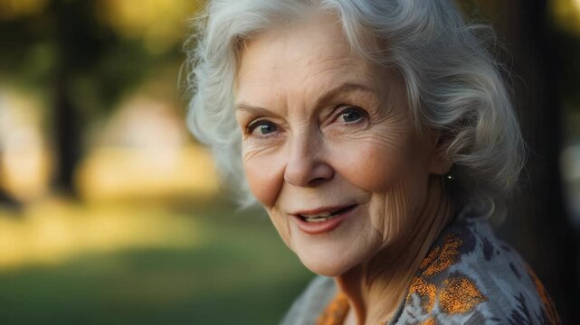 Smiling woman with gray hair in a portrait setting.