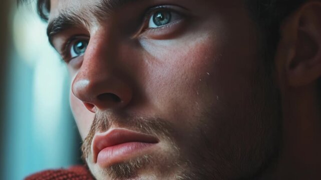 A young man with striking blue eyes and a thoughtful expression gazes off into the distance.
