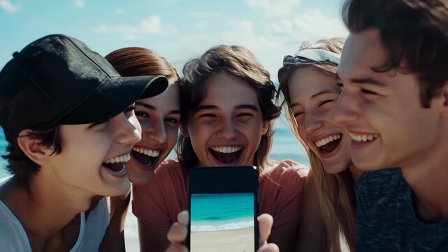 Five friends laughing together on the beach.