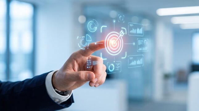 Businessman hand touching virtual target icon on futuristic interface, strategic planning and goal achievement with data analytics dashboard for corporate management and marketing