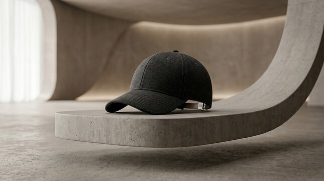 Black baseball cap displayed on modern minimalist pedestal interior design