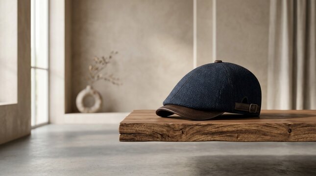 Classic flat cap accessory on rustic wooden surface warm indoor lighting