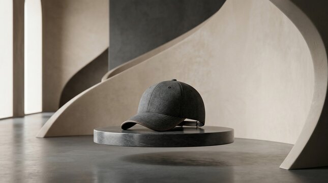 Dark baseball cap displayed on pedestal modern architecture setting