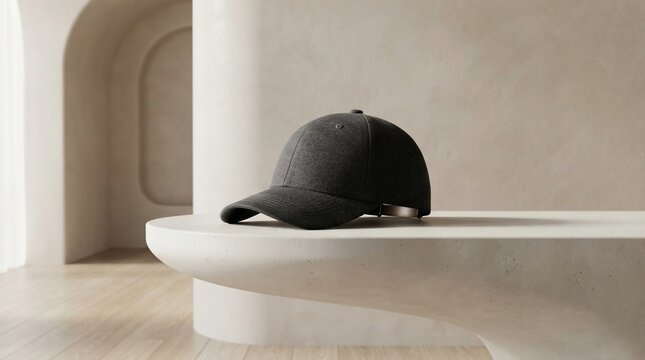 Dark baseball cap on display shelf neutral background