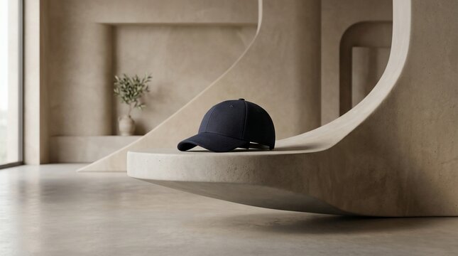 Dark baseball cap resting on modern curved surface neutral tones